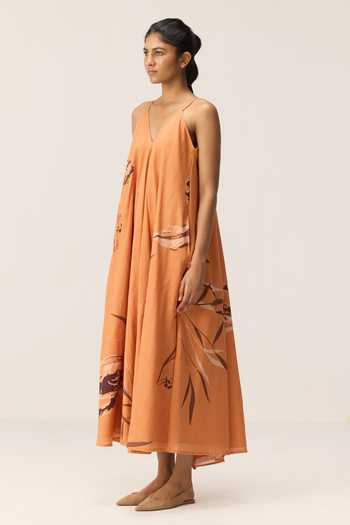 Kharakapas_Orange Muslin (mulmul) V-neck Flame Leaves Print Mul Dress _at_Aza_Fashions