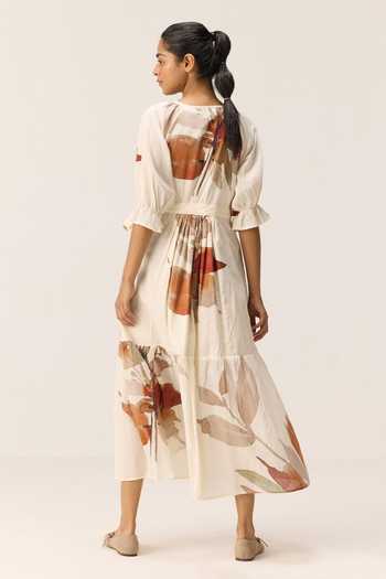 Shop_Kharakapas_Multi Color Muslin (mulmul) V-neck Falling Grace Print Dress _at_Aza_Fashions