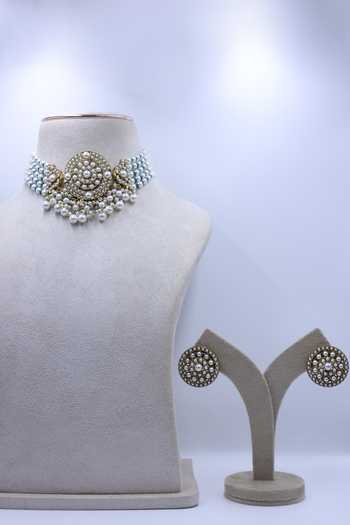 Buy_Moh-Maya By Disha Khatri_Green Pearl Beads Choker And Stud Earrings Set _at_Aza_Fashions