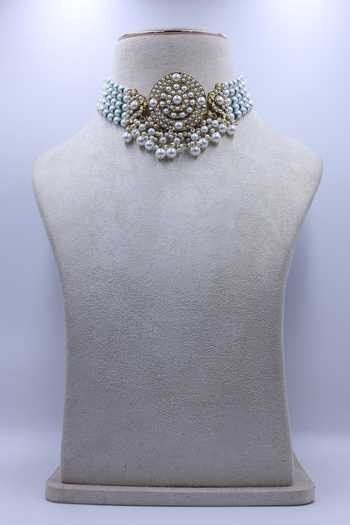 Buy_Moh-Maya By Disha Khatri_Green Pearl Beads Choker And Stud Earrings Set _Online_at_Aza_Fashions