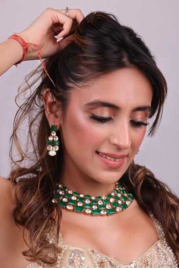 Buy_Moh-Maya By Disha Khatri_Emerald Green Kundan Polki Choker And Dangler Earrings Set _at_Aza_Fashions