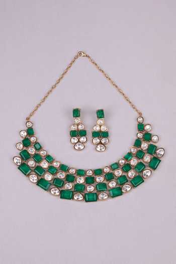 Shop_Moh-Maya By Disha Khatri_Emerald Green Kundan Polki Choker And Dangler Earrings Set _at_Aza_Fashions