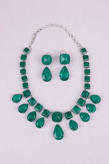 Shop_Moh-Maya By Disha Khatri_Emerald Green Stones Choker And Dangler Earrings Set _at_Aza_Fashions