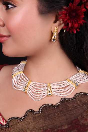 Buy_Moh-Maya By Disha Khatri_Gold Plated Kundan Polki Pearl Choker And Stud Earrings Set _Online_at_Aza_Fashions