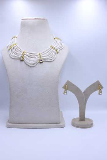 Shop_Moh-Maya By Disha Khatri_Gold Plated Kundan Polki Pearl Choker And Stud Earrings Set _at_Aza_Fashions