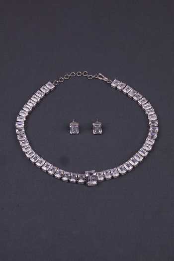 Shop_Moh-Maya By Disha Khatri_White Square Cut Zircons Choker With Stud Earrings _at_Aza_Fashions
