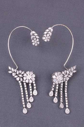 Shop_Moh-Maya By Disha Khatri_White Zircon Tassel Earcuff Earring _at_Aza_Fashions