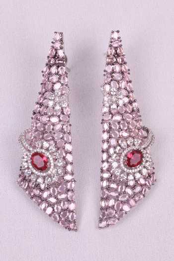 Shop_Moh-Maya By Disha Khatri_Pink Rose Quartz Zircon Dangler Earrings _at_Aza_Fashions