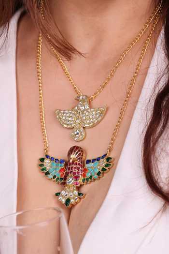Shop_Moh-Maya By Disha Khatri_Gold Plated Pachi Kundan Bird Pendant Necklace _at_Aza_Fashions
