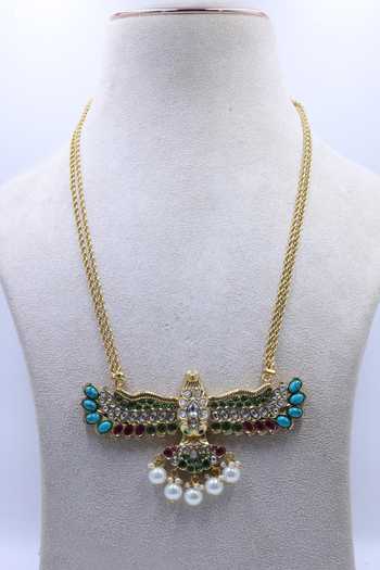 Shop_Moh-Maya By Disha Khatri_Green Stone Baaz Pendant Pearl Beads Necklace _at_Aza_Fashions