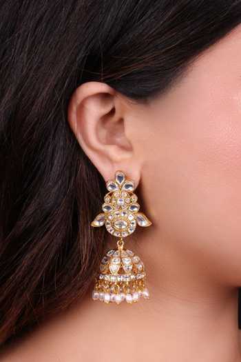 Moh-Maya By Disha Khatri_Gold Plated Kundan Polki Pearl Beads Jhumkas _Online_at_Aza_Fashions