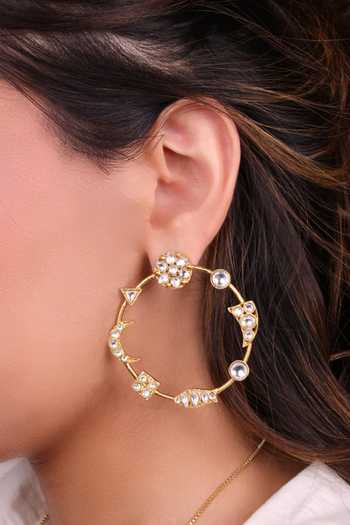Moh-Maya By Disha Khatri_Gold Plated Kundan Polki Hoop Earrings _Online_at_Aza_Fashions