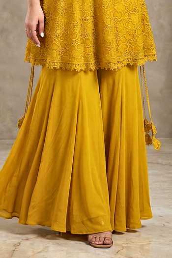 Buy_Two Sisters By Gyans_Yellow Organza, Georgette Square Crochet Lace Work Peplum Kurta And Sharara Set _Online_at_Aza_Fashions