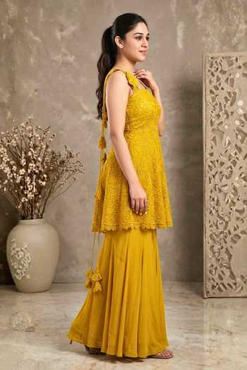 Shop_Two Sisters By Gyans_Yellow Organza, Georgette Square Crochet Lace Work Peplum Kurta And Sharara Set _Online_at_Aza_Fashions