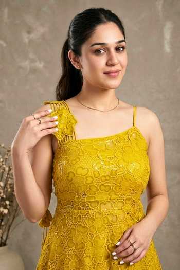 Buy_Two Sisters By Gyans_Yellow Organza, Georgette Square Crochet Lace Work Peplum Kurta And Sharara Set 