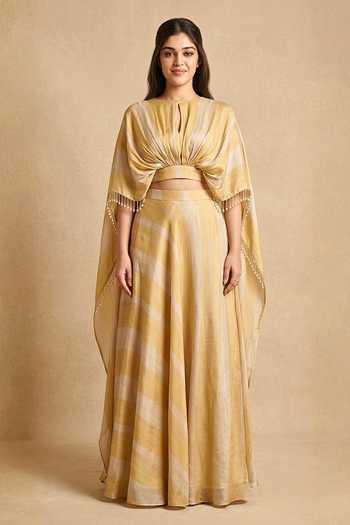 Buy_Two Sisters By Gyans_Gold Silk Keyhole Neck Molten Draped Cape And Lehenga Set _at_Aza_Fashions