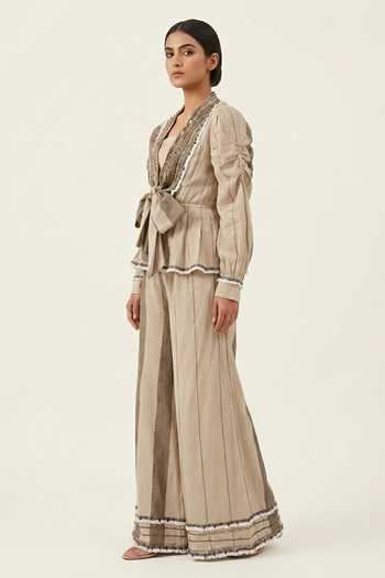 Buy_Two Sisters By Gyans_Beige Cotton Open Neck, Bandeau Cinched Vertical Stripes Jacket And Trouser Set _at_Aza_Fashions