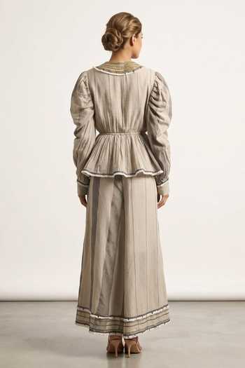 Shop_Two Sisters By Gyans_Beige Cotton Open Neck, Bandeau Cinched Vertical Stripes Jacket And Trouser Set _at_Aza_Fashions
