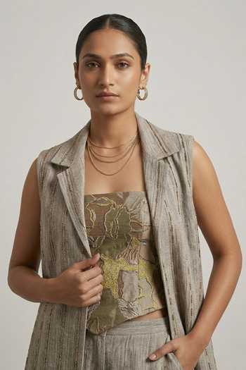 Buy_Two Sisters By Gyans_Grey Cotton Square Neck, Collared Tribal Embroidered Jacket Set _Online_at_Aza_Fashions