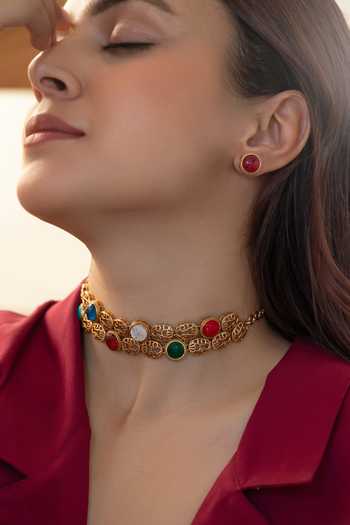 Buy_Do Taara_Multi Color Double Layered Choker And Stud Earrings Set _at_Aza_Fashions