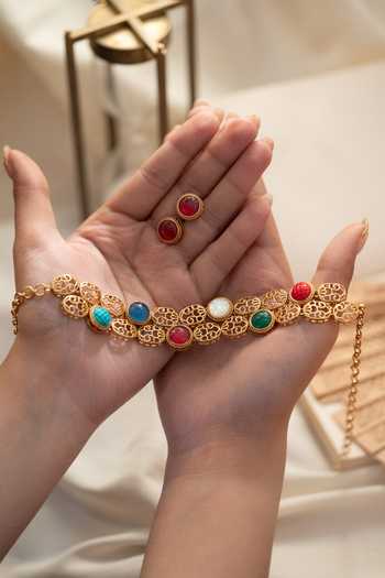 Shop_Do Taara_Multi Color Double Layered Choker And Stud Earrings Set _at_Aza_Fashions
