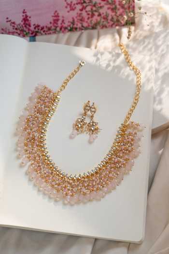 Shop_Do Taara_Pink Kundan And Rose Quartz Necklace Set _at_Aza_Fashions
