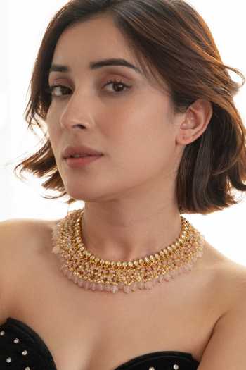 Do Taara_Pink Kundan And Rose Quartz Necklace Set _Online_at_Aza_Fashions