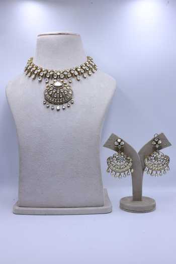Shop_Moh-Maya By Disha Khatri_Gold Plated Kundan Polki Choker Necklace Set _at_Aza_Fashions