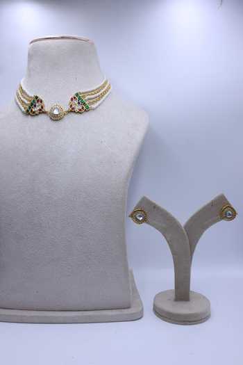 Shop_Moh-Maya By Disha Khatri_Green Kundan Polki Pearl Choker And Stud Earrings Set _at_Aza_Fashions