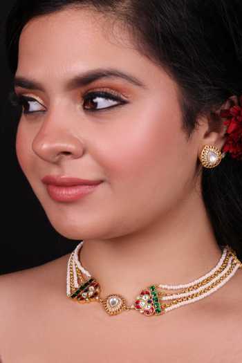 Buy_Moh-Maya By Disha Khatri_Green Kundan Polki Pearl Choker And Stud Earrings Set _at_Aza_Fashions