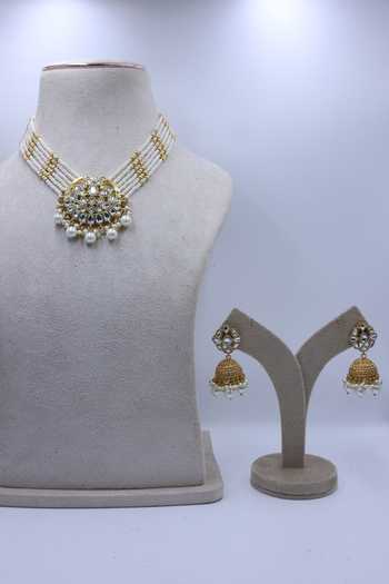 Shop_Moh-Maya By Disha Khatri_Gold Plated Kundan Polki Pearl Beads Choker Set _at_Aza_Fashions