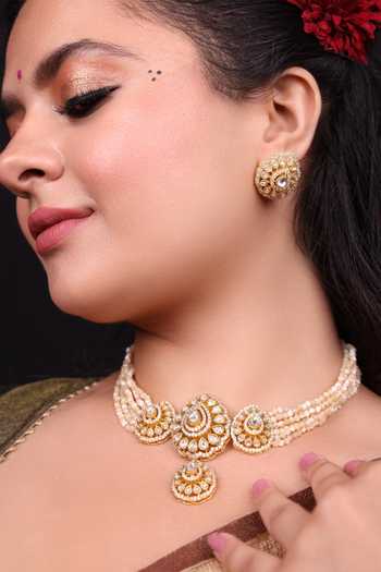 Shop_Moh-Maya By Disha Khatri_Gold Plated Kundan Polki Pearl Beads Choker Set _at_Aza_Fashions
