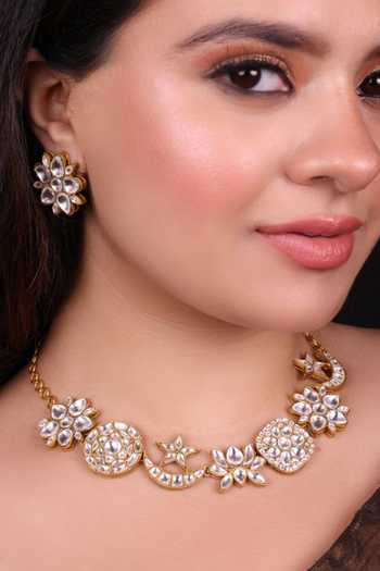 Moh-Maya By Disha Khatri_Gold Plated Kundan Polki Moon Star Lotus Choker Set _Online_at_Aza_Fashions