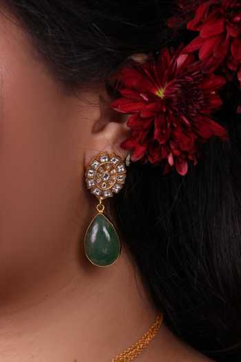 Shop_Moh-Maya By Disha Khatri_Green Kundan Polki Choker And Drop Earrings Set _at_Aza_Fashions