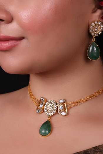 Buy_Moh-Maya By Disha Khatri_Green Kundan Polki Choker And Drop Earrings Set _at_Aza_Fashions