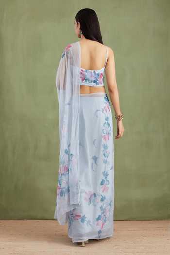 Shop_Geroo Jaipur_Sky Blue Chiffon Sweetheart Neck Handpainted Floral Pre-draped Saree With Blouse _at_Aza_Fashions