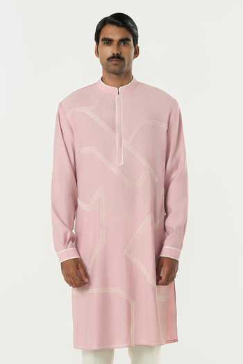 Buy_Line Out Line_Pink Chanderi Meta Grid Kurta _at_Aza_Fashions