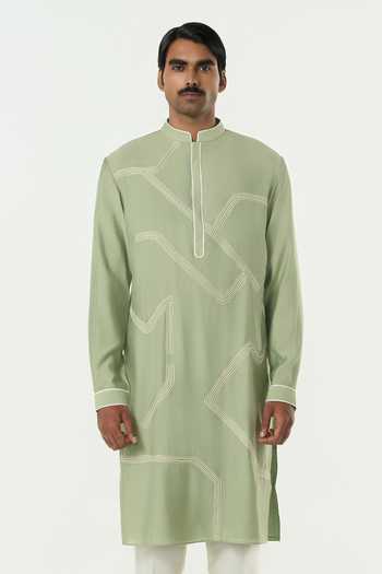 Buy_Line Out Line_Green Chanderi Meta Grid Kurta _at_Aza_Fashions