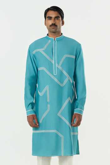Buy_Line Out Line_Teal Chanderi Meta Grid Embroidered Kurta _at_Aza_Fashions