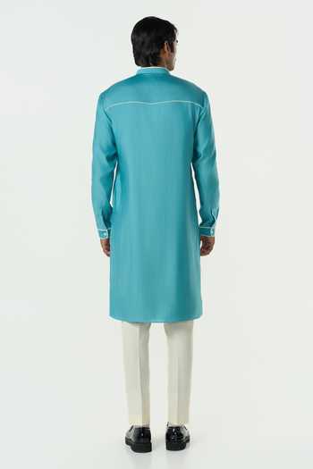 Line Out Line_Teal Chanderi Meta Grid Embroidered Kurta _Online_at_Aza_Fashions