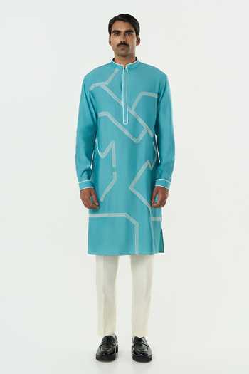Shop_Line Out Line_Teal Chanderi Meta Grid Embroidered Kurta _Online_at_Aza_Fashions