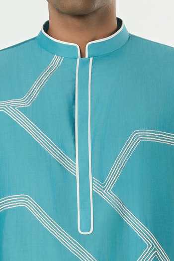 Line Out Line_Teal Chanderi Meta Grid Embroidered Kurta _at_Aza_Fashions