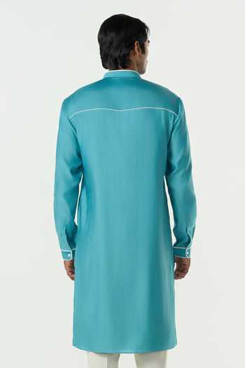 Shop_Line Out Line_Teal Chanderi Meta Grid Embroidered Kurta _at_Aza_Fashions