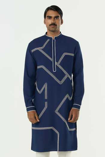 Buy_Line Out Line_Navy Chanderi Embroidered Meta Grid Kurta _at_Aza_Fashions
