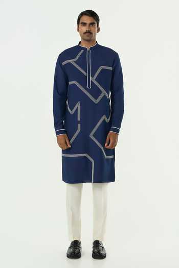 Shop_Line Out Line_Navy Chanderi Embroidered Meta Grid Kurta _Online_at_Aza_Fashions