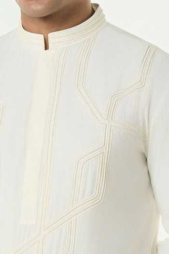 Line Out Line_Ivory Chanderi Meta Twist Embroidered Kurta _Online_at_Aza_Fashions