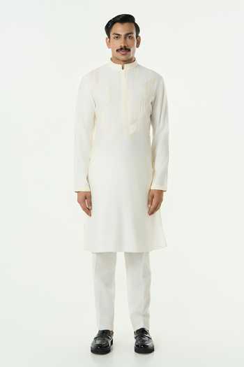 Shop_Line Out Line_Ivory Chanderi Meta Twist Embroidered Kurta _Online_at_Aza_Fashions