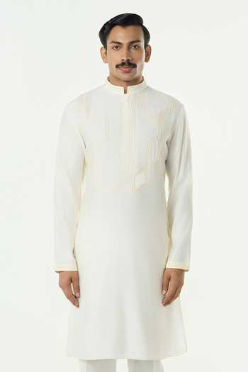 Buy_Line Out Line_Ivory Chanderi Meta Twist Embroidered Kurta _at_Aza_Fashions