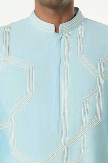 Buy_Line Out Line_Blue Chanderi Embroidered Meta Twist Kurta _Online_at_Aza_Fashions
