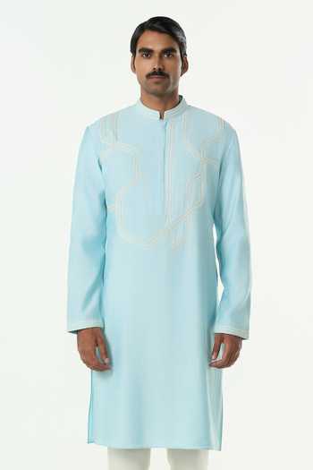 Buy_Line Out Line_Blue Chanderi Embroidered Meta Twist Kurta _at_Aza_Fashions
